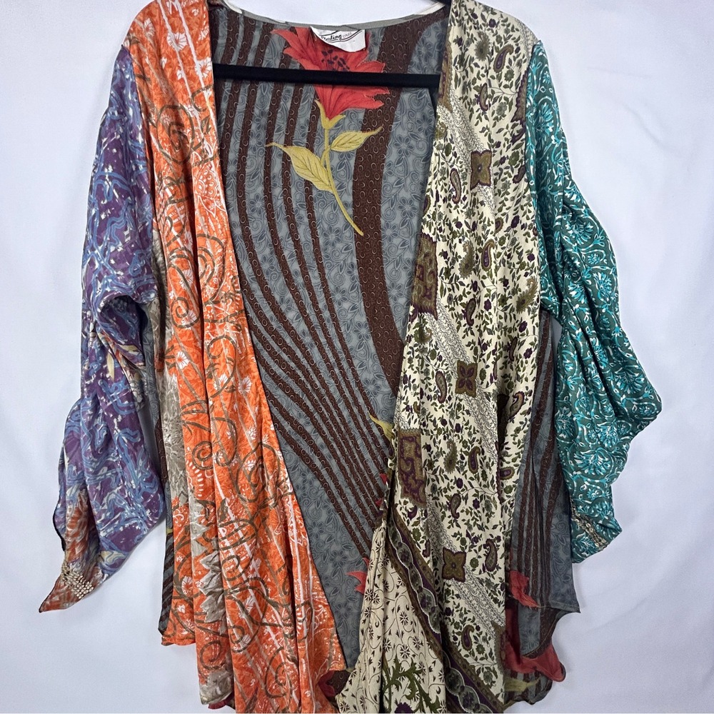 Sterling Styles Silk Kimono Cardigan M Multi Boho Sequin Open Front Duster